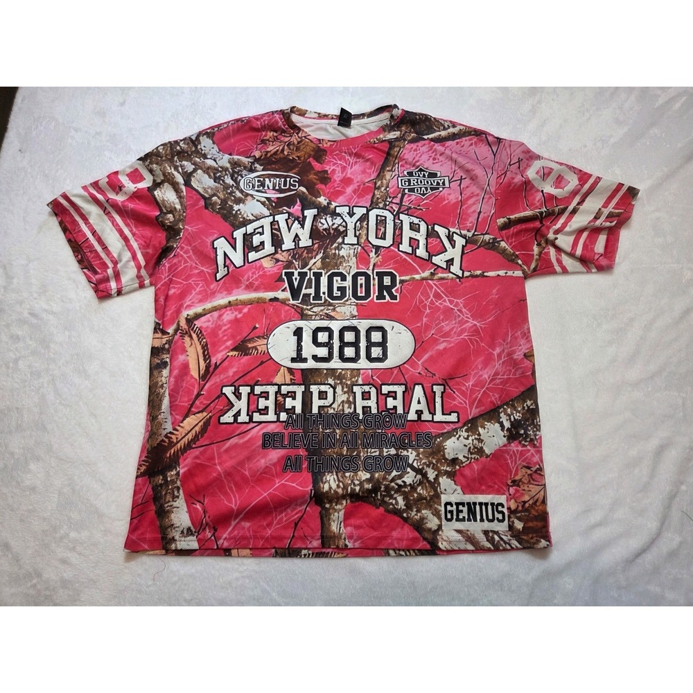 145-Romwe Women Pink Camo Graphic T-Shirt Size L NY Vigor 1988 Short Sleeve